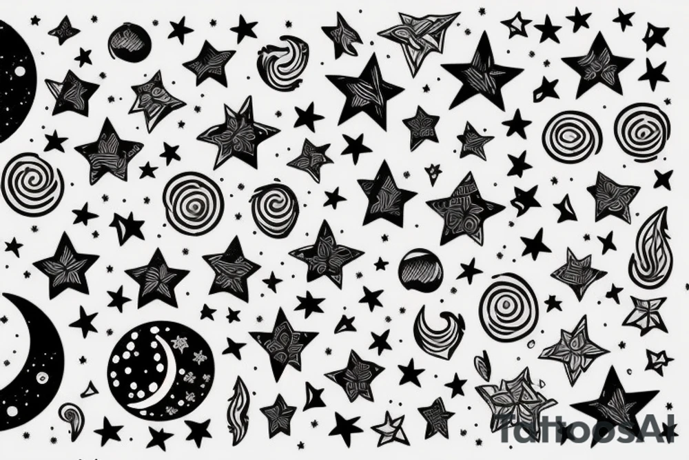 Moon with Patterns and stars tattoo idea
