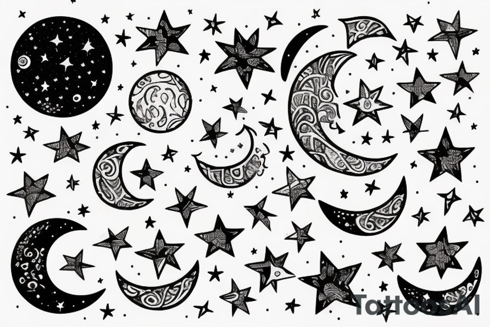 Moon with Patterns and stars tattoo idea