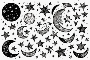 Moon with Patterns and stars tattoo idea