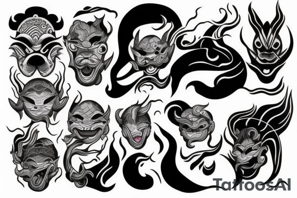 sea waves with oni mask tattoo idea