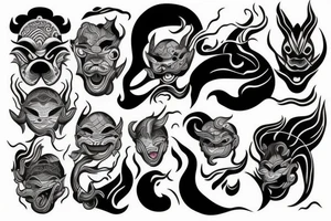 sea waves with oni mask tattoo idea