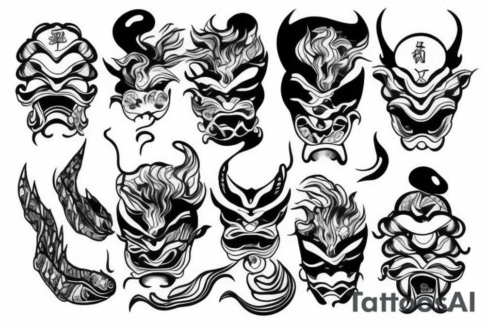 sea waves with oni mask tattoo idea