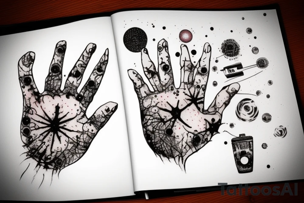 The airbrush inside which is the universe, and the hose enters the hand with traces of blood tattoo idea