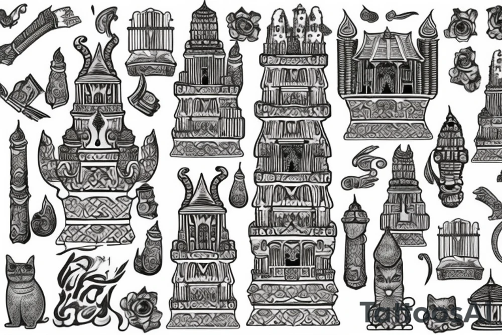 temple with 4 towers instead of cat domes Abyssinian, Siamese, Anatolian, Balinese tattoo idea