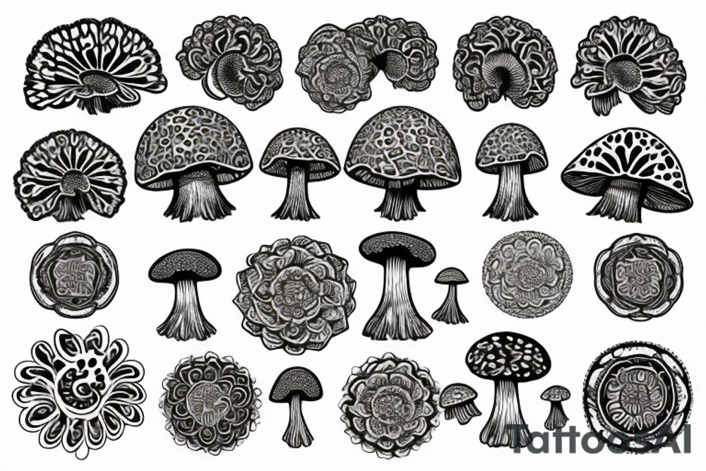 Flowers and mushrooms square fractal pattern tattoo idea