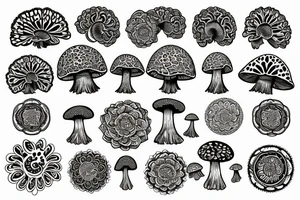 Flowers and mushrooms square fractal pattern tattoo idea