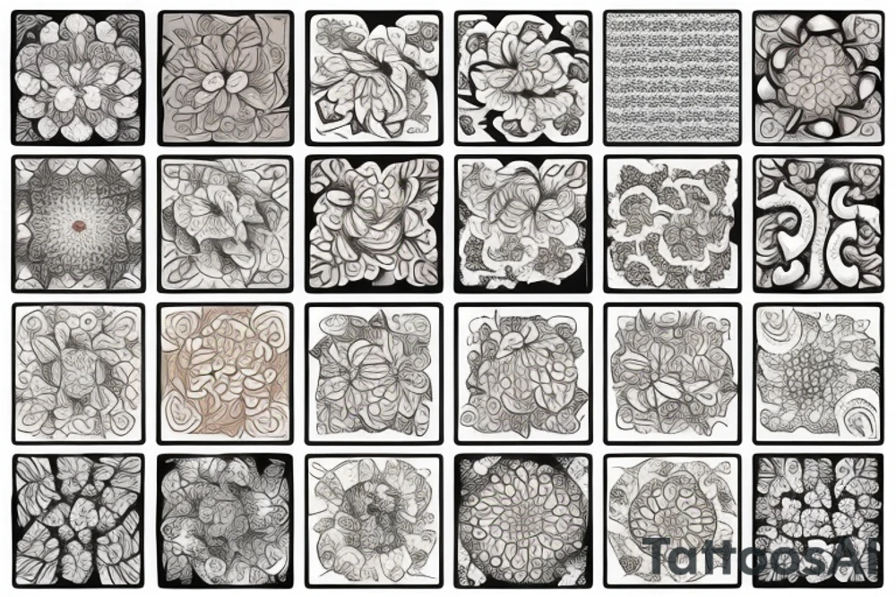Flowers and mushrooms square fractal pattern tattoo idea