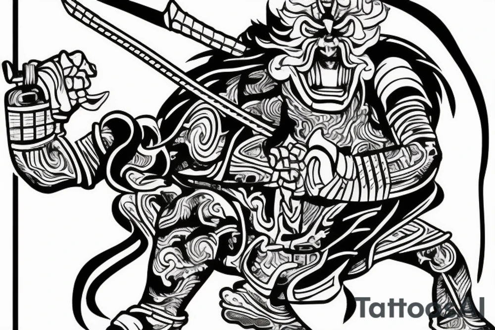 a samurai standing on a highway preparing to fight a fiery monster tattoo idea