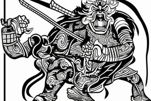 a samurai standing on a highway preparing to fight a fiery monster tattoo idea