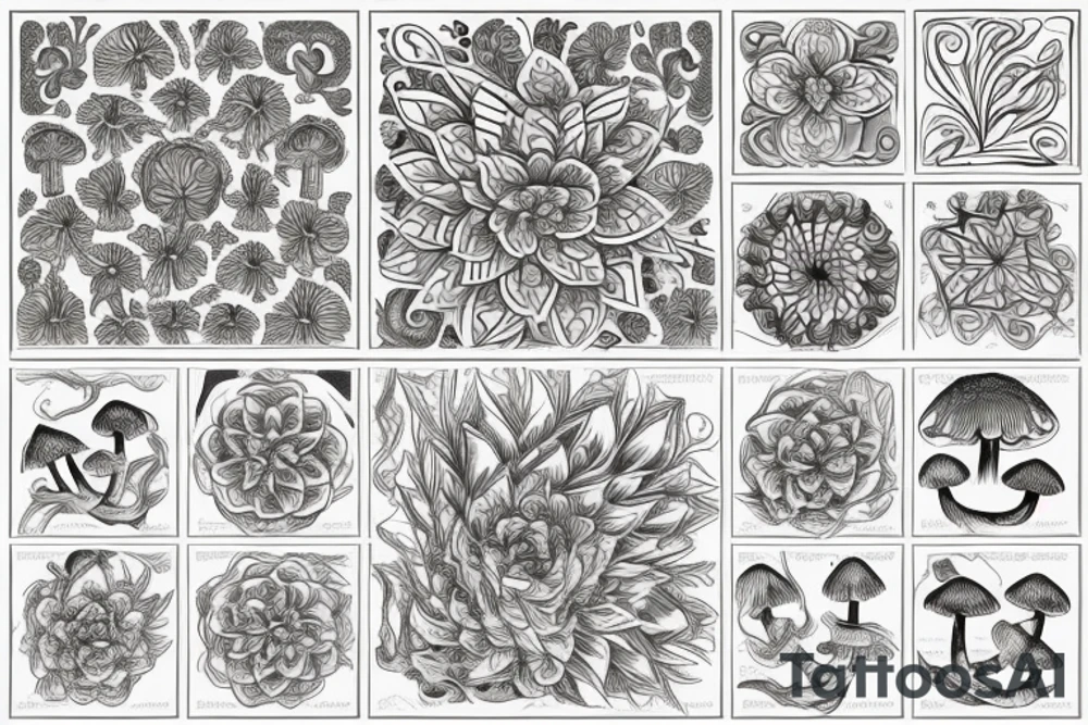Flowers and mushrooms square fractal pattern tattoo idea