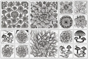Flowers and mushrooms square fractal pattern tattoo idea