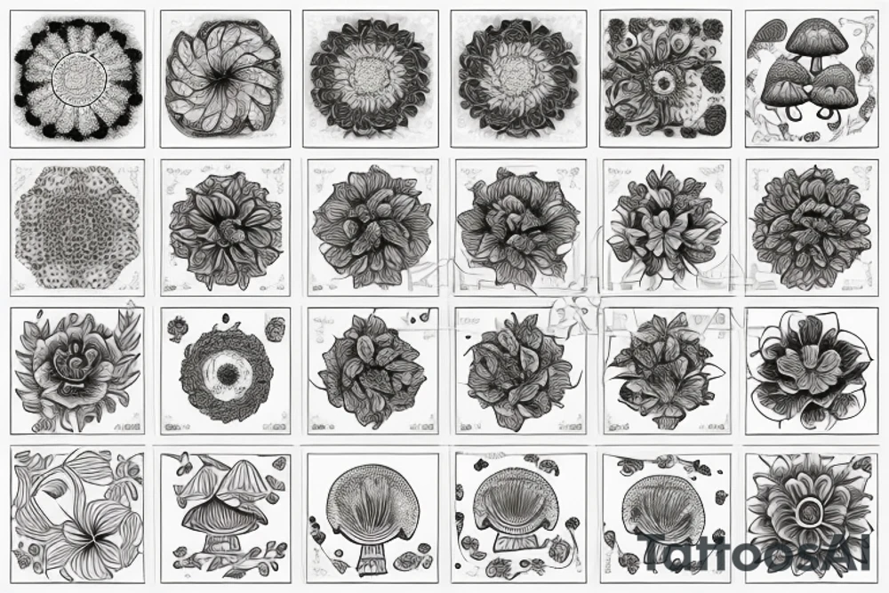 Flowers and mushrooms square fractal pattern tattoo idea