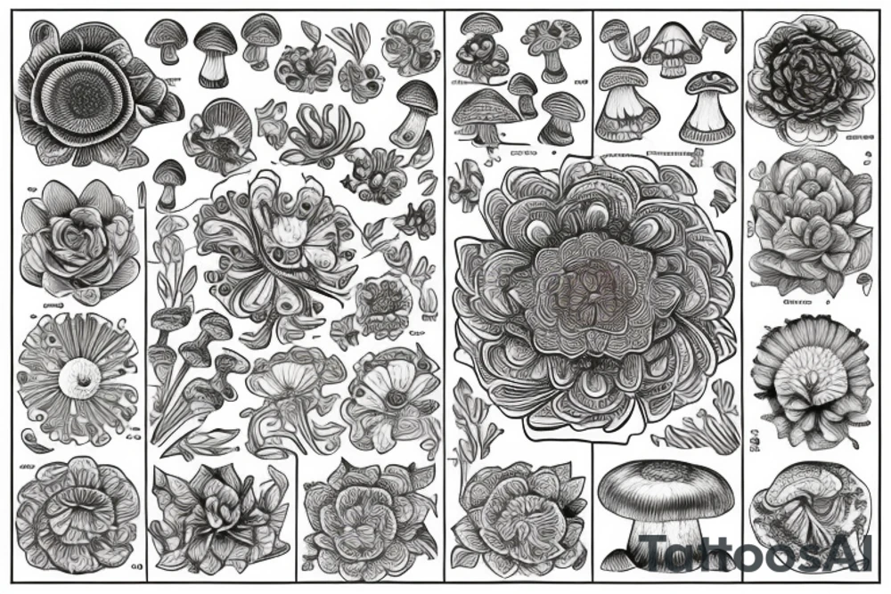 Flowers and mushrooms square fractal pattern tattoo idea