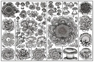 Flowers and mushrooms square fractal pattern tattoo idea