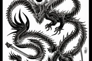 Black dragon with katana in his mounth tattoo idea