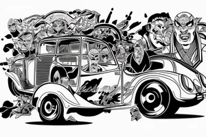 jdm car driving along the highway along the crowd of bloody Samurai tattoo idea