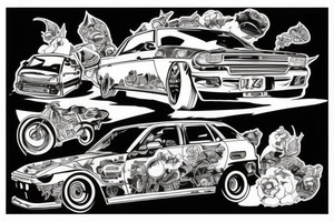 jdm car driving along the highway along the crowd of bloody Samurai tattoo idea