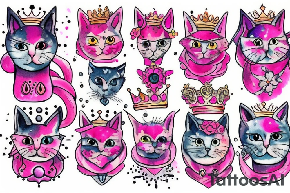 Pink cat with crown on the Sun tattoo idea