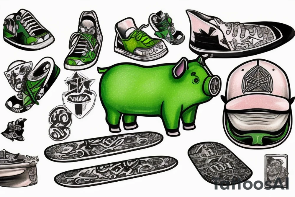 green pig on a skateboard tattoo idea