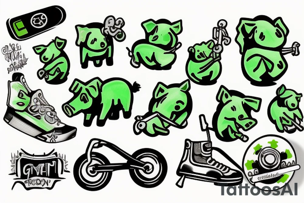 green pig on a skateboard tattoo idea