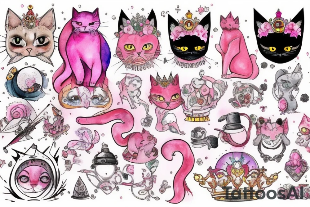 Pink cat with crown on the Sun tattoo idea