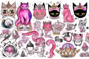 Pink cat with crown on the Sun tattoo idea