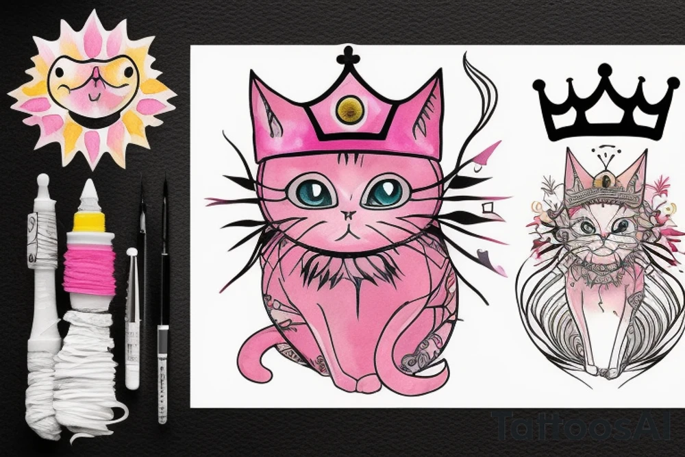 Pink cat with crown on the Sun tattoo idea