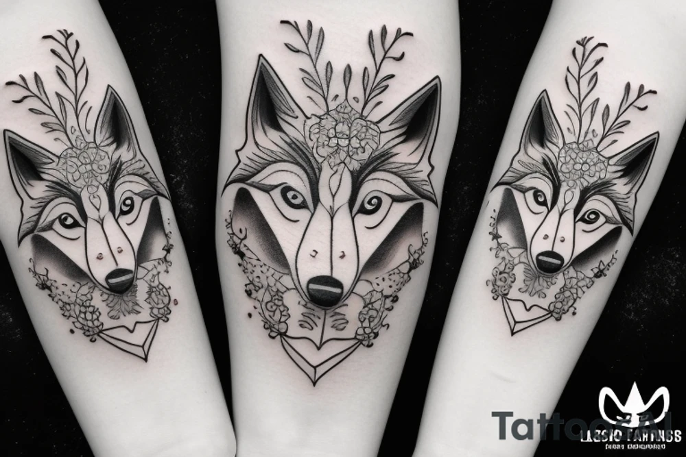 Wolf with flowers tattoo idea