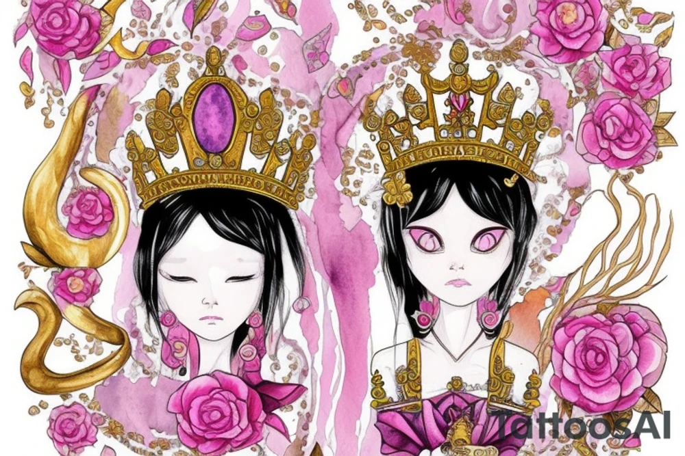 Pink cat with gold crown on the throne tattoo idea
