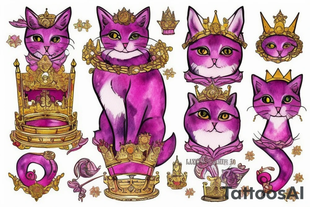 Pink cat with gold crown on the throne tattoo idea