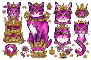 Pink cat with gold crown on the throne tattoo idea