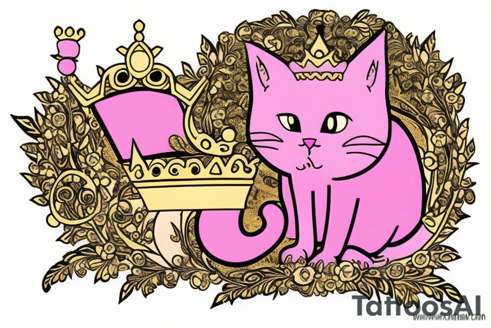 Pink cat with gold crown on the throne tattoo idea