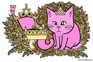 Pink cat with gold crown on the throne tattoo idea