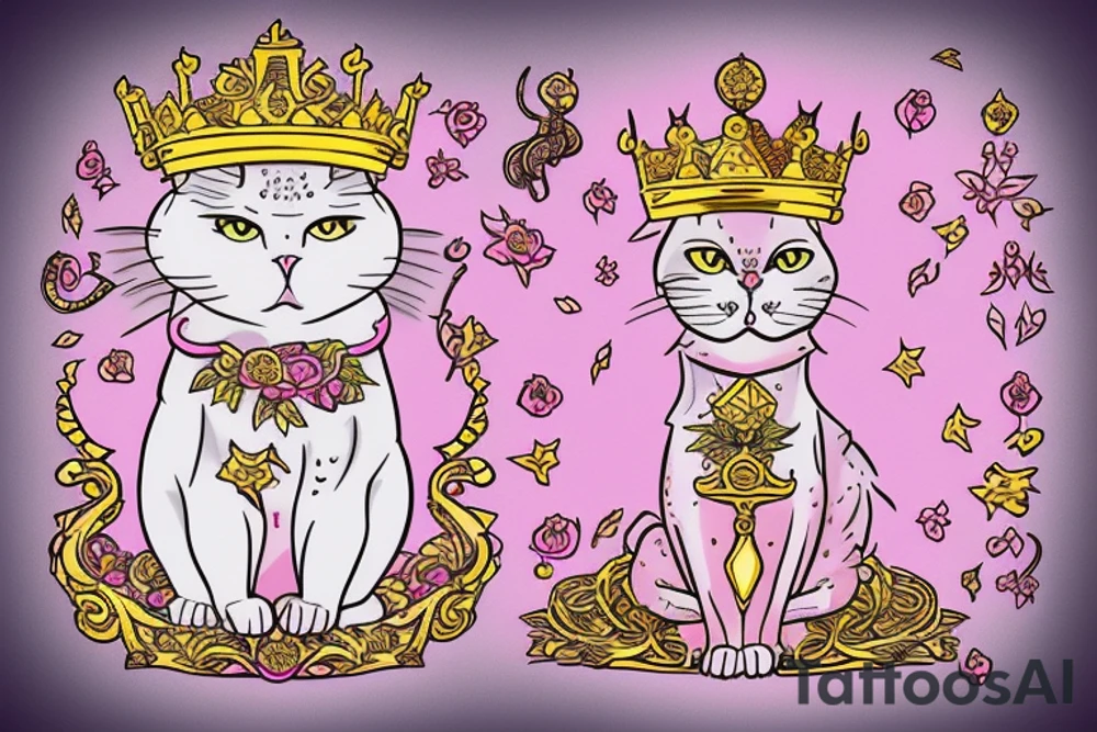 Pink cat with gold crown on the throne tattoo idea