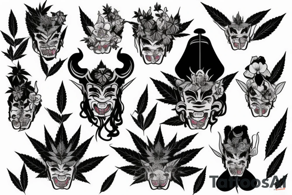 Thai style hannya mask with orchids, and marijuana plants draping the sides of the mask tattoo idea