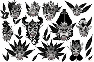 Thai style hannya mask with orchids, and marijuana plants draping the sides of the mask tattoo idea