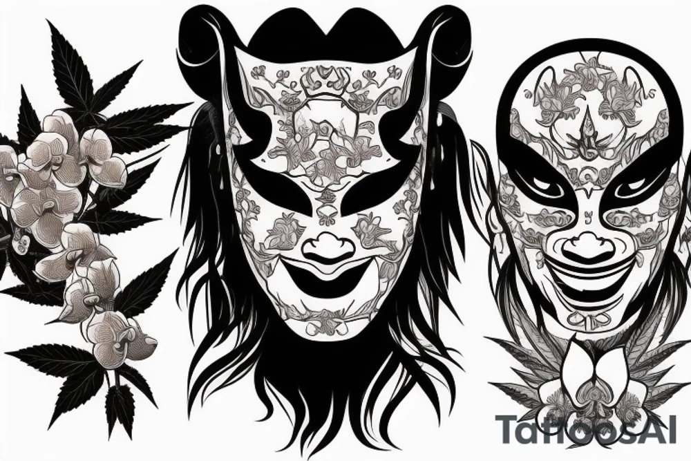 Thai style hannya mask with orchids, and marijuana plants draping the sides of the mask tattoo idea