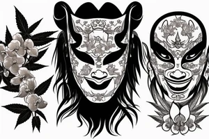 Thai style hannya mask with orchids, and marijuana plants draping the sides of the mask tattoo idea
