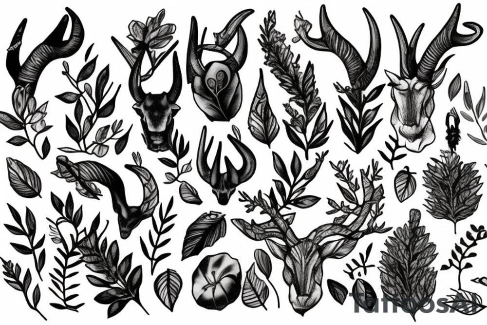 Horns, dear, forest, leaves, berries tattoo idea