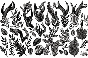 Horns, dear, forest, leaves, berries tattoo idea