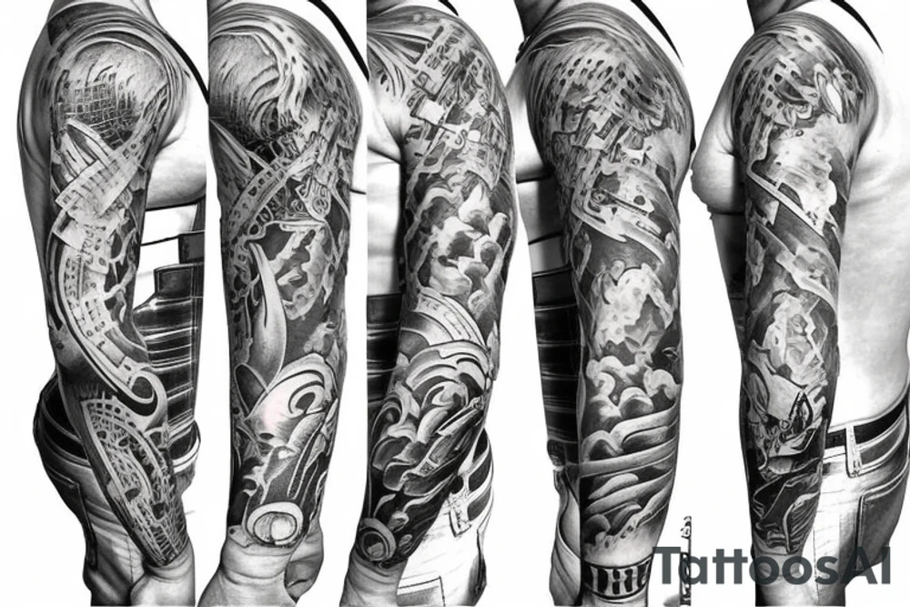 Sleeve with jet engines, fighter and tools tattoo idea