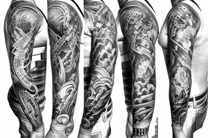 Sleeve with jet engines, fighter and tools tattoo idea