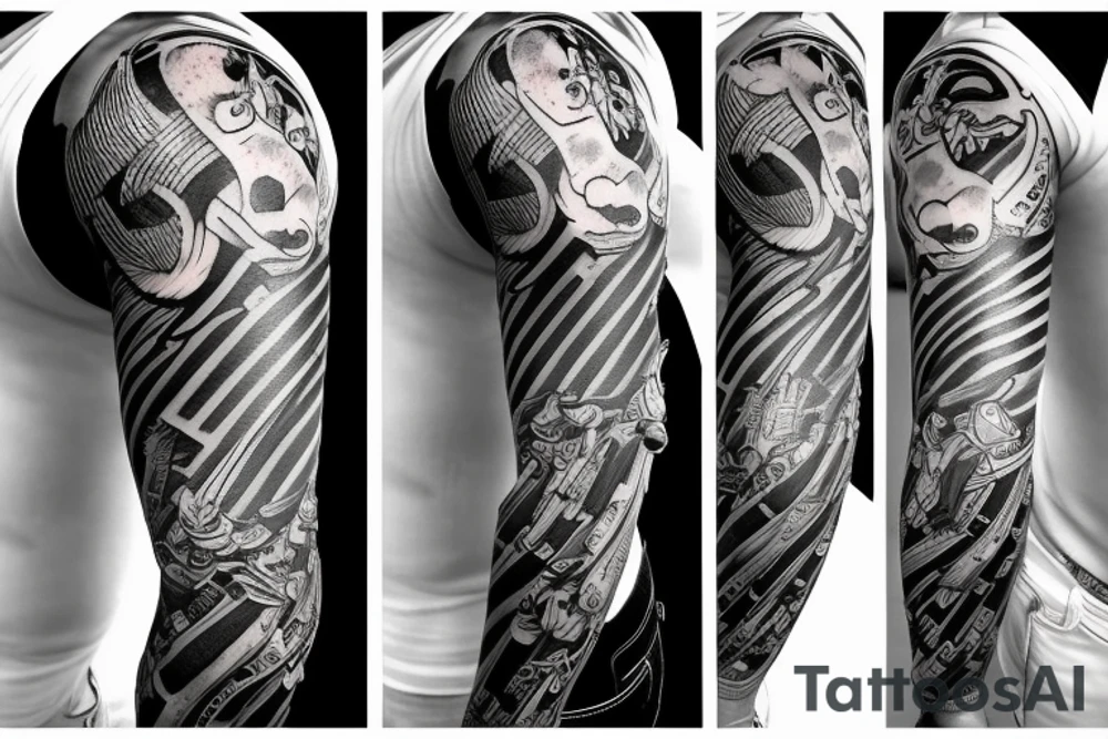 Sleeve with jet engines, fighter and tools tattoo idea