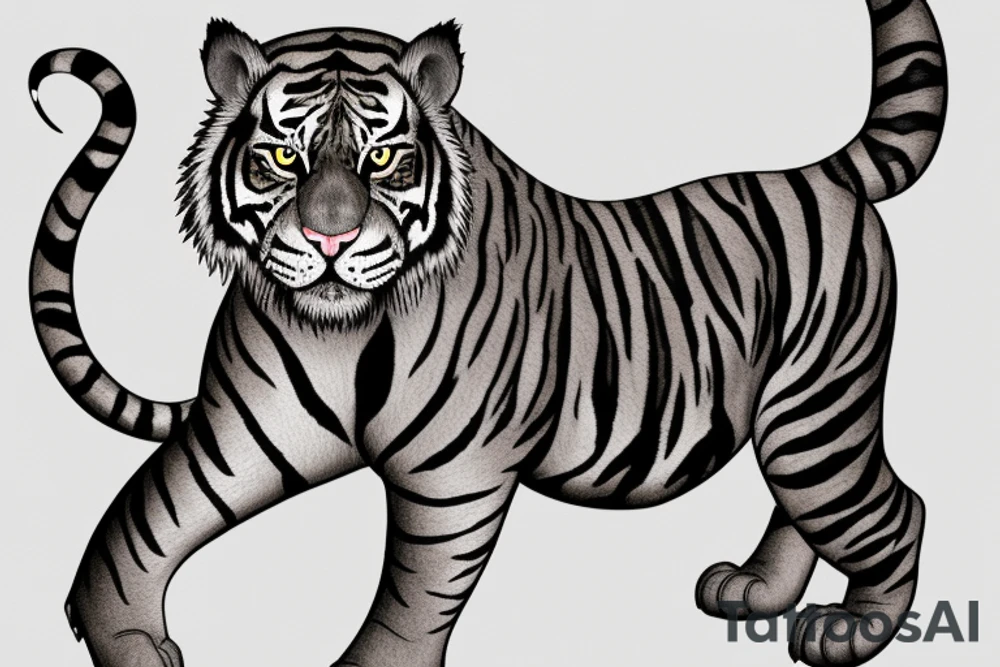 It’s big cat mix, like a tiger mixed with a jaguar, but it’s not orange or yellow, it’s dark grey. Has a lot of hair, a little bit more than a regular tiger tattoo idea