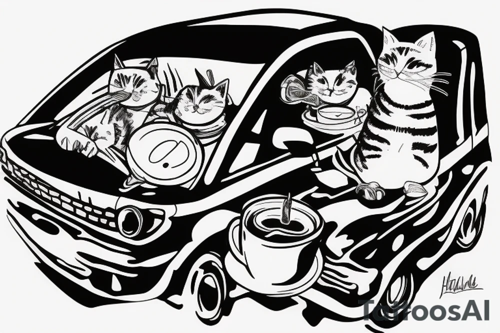 Lonely driving in a car with a cat drinking coffee and smoking cigarettes tattoo idea