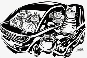 Lonely driving in a car with a cat drinking coffee and smoking cigarettes tattoo idea