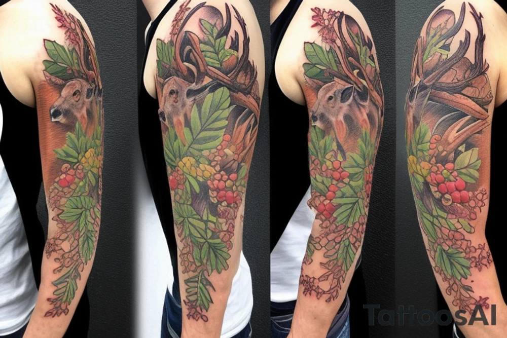 Horns, deer, forest, leaves, berries tattoo idea
