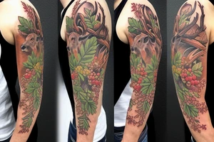 Horns, deer, forest, leaves, berries tattoo idea
