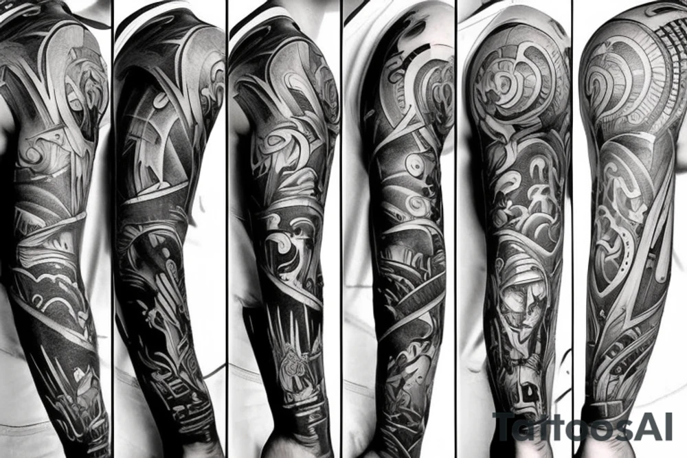 Sleeve with jet engine and tools tattoo idea