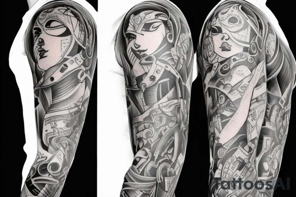 Sleeve with jet engine and tools tattoo idea